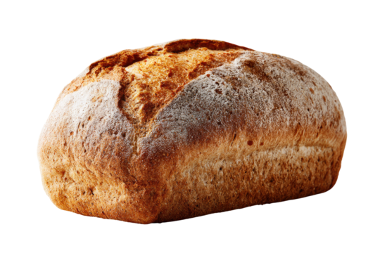 Close-up of a loaf of artisan bread, light brown crust, speckled with flour, displaying a slightly irregular, oblong shape