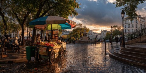 Obraz premium Beautiful European city street with cobblestone pavement outdoor cafes lush trees historic architecture vibrant market evening sunset scenic urban landscape lively atmosphere and