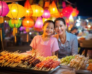 Authentic Mother and Daughter Street Food Vendors at Night Festival
