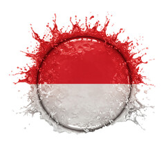 A vibrant, circular design showcases a splash of red liquid above a white liquid, resembling a flag or emblem with dynamic visual impact.