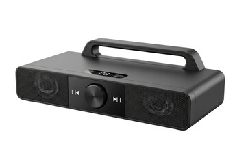 Obraz premium Sleek matte black wireless audio system with haptic dial, ergonomic grip, and fine mesh, isolated on transparent background with copy space, soft studio light, modern luxury