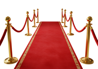Red carpet with golden stanchions and velvet ropes on transparent background