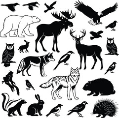 Naklejka premium Black and white North American wildlife animals and birds vector silhouettes including moose, polar bear, eagle, wolf, beaver, owl, squirrel, deer