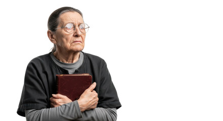 An elderly, wizened individual with silver hair and spectacles, in a charcoal tunic, clutches an aged leather journal in a high-key white studio, lost in thought, concept of memory and history