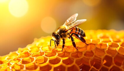 Honeybee on honeycomb, sunlit (1)