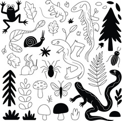 Black and white vector illustration of forest animals, insects, plants, and mushrooms in whimsical style for nature, wildlife, and educational themes