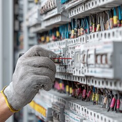 Technician working on electrical circuit breakers in a utility room during daylight hours