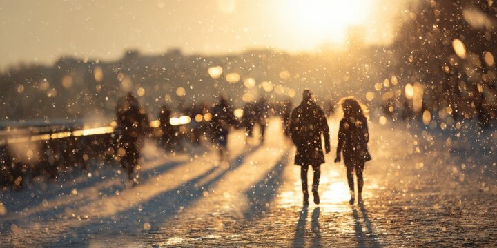 Vibrant city street scene at sunset featuring silhouetted pedestrians walking along busy urban sidewalks with warm dusk lighting and scenic horizon views