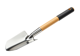 Gardening trowel tool with wooden handle silver metal scoop isolated on transparent background