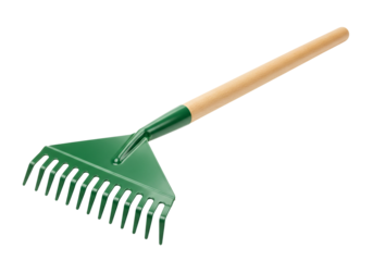Green garden rake with wooden handle isolated on transparent background