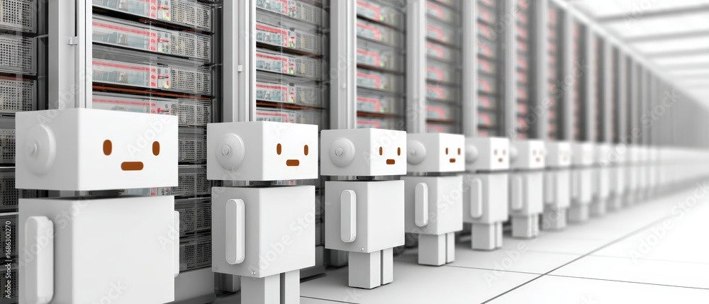 Poster futuristic data center with robots and servers in a bright modern environment for advanced technolog