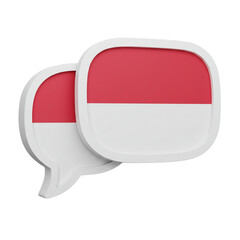 Two stylized speech bubbles display the Indonesian flag, representing communication, dialogue, and cultural exchange with a national symbol.