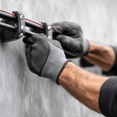 Manual installation of electrical components on a smooth concrete wall in a workshop setting during daytime