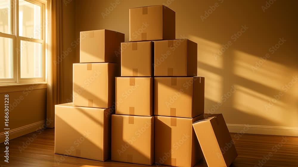 Poster moving day organization. stack of moving boxes in empty room bathed by soft sunlight, creating warm 