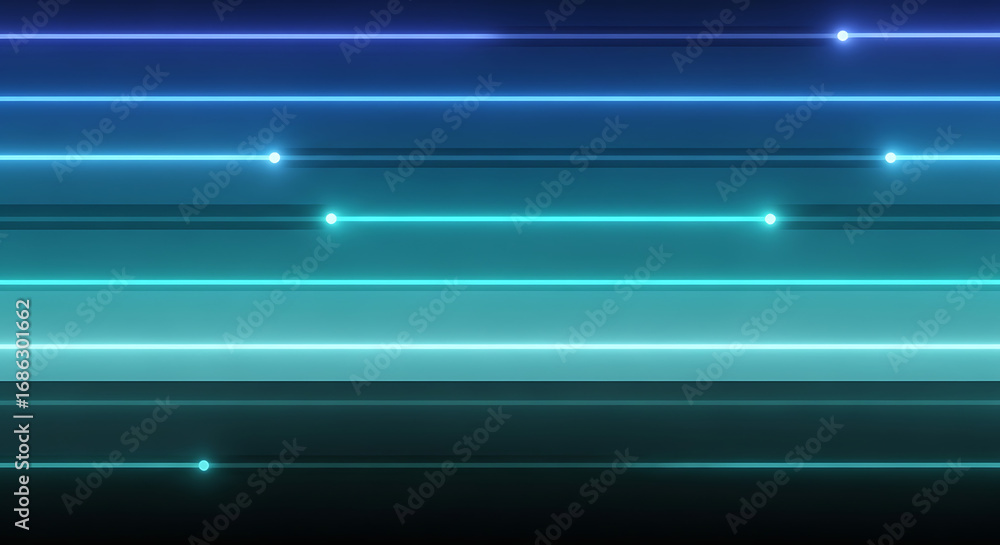 Poster abstract neon horizontal lines on dark background with blue and cyan color