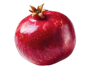 Close-up of a vibrant red pomegranate.  Fresh, juicy fruit,  smooth skin, with water droplets.  Seed-bearing, whole fruit, isolated against black
