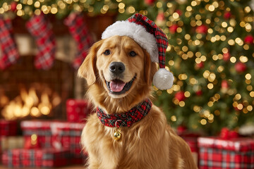 Golden retriever dog in Santa hat sitting by Christmas tree with gifts