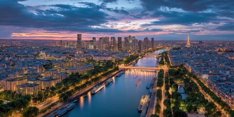 Fototapeta premium Stunning cityscape with vibrant skyline river view sunset colors modern architecture skyscrapers aerial perspective urban landscape twilight glow waterfront scene city lights