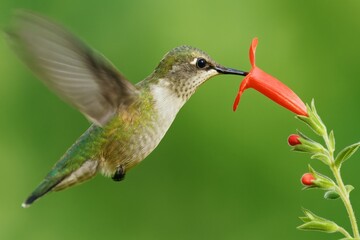 Fototapeta premium Close-up photo of a hummingbird drinking nectar from a red flower in flight, with a blurred green background, representing wildlife and nature