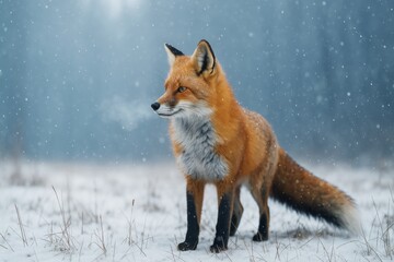 Red fox standing on snowy ground with light snow falling, natural photography style, blurred forest background, concept of winter wildlife