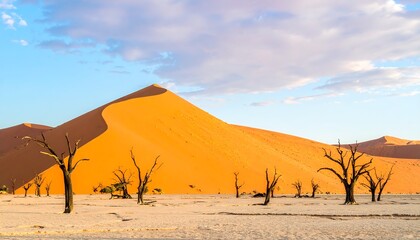 Golden dunes meet dead trees at dawn