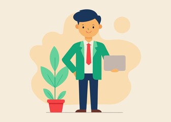Cartoon businessman holding tablet standing near plant in pot vector illustration