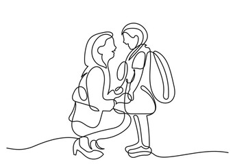 continuous line drawing of a mother kneeling to encourage her daughter, who is wearing a backpack, love, care, and support before going to school.Minimalist black linear isolated on white background.