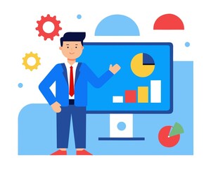 Business Presentation with Data Analysis and Charts on a Computer Screen