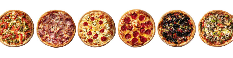 Six different pizzas, various toppings