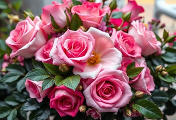 Fototapeta premium Elegant roses, lush leaves, vibrant floral bouquets & artful compositions, still life, stock
