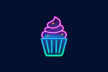 Cupcake with glowing neon minimal line sweet bakery dessert design