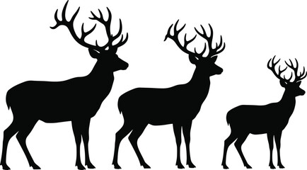 Black silhouette vector illustration set of three male deer with antlers in different sizes for wildlife, nature, and animal design themes