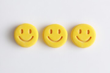 Three cheerful smiley face soaps symbolizing positivity and happiness, arranged neatly on a bright white background.