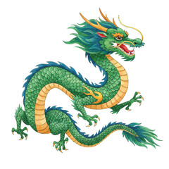 Fototapeta premium A beautifully detailed watercolor vector illustration of a mythical green Chinese water dragon, symbolizing power and good fortune in Asian culture