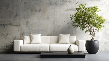 Fototapeta premium moderm living room with white sofa and indoor tree in concreat interior