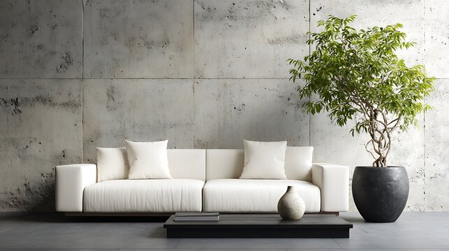 moderm living room with white sofa and indoor tree in concreat interior