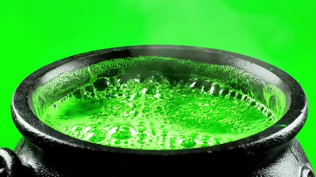 Bubbling green potion in cauldron, mysterious magical brew simmers with enchanting mist on vibrant background.