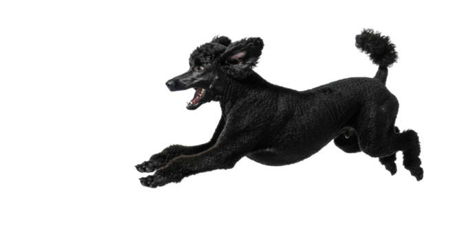 Adult obsidian black Standard Poodle, sleek, mid-leap, jaws open, catching iridescent blue sphere with futuristic glow on transparent studio background, intense focus, elite canine athleticism concept