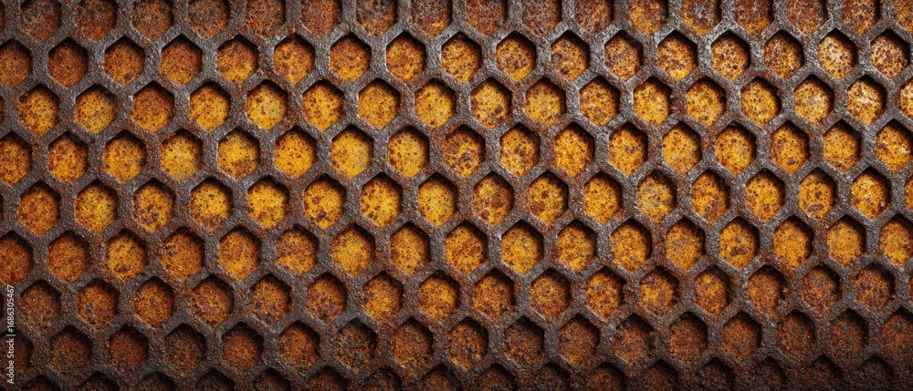 Poster textured honeycomb pattern close-up with hexagonal openings and rusty surface for industrial design 