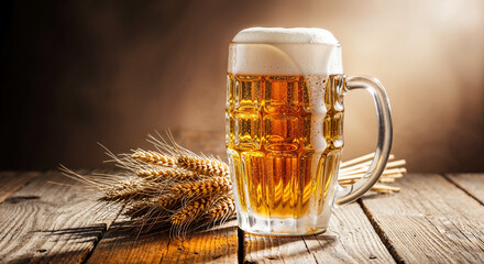 Golden Foamy Wheat Beer Mug Rustic Wooden Table Grain Ears Warm Light Background Refreshing Beverage Brewing Ingredients Perfect Pint