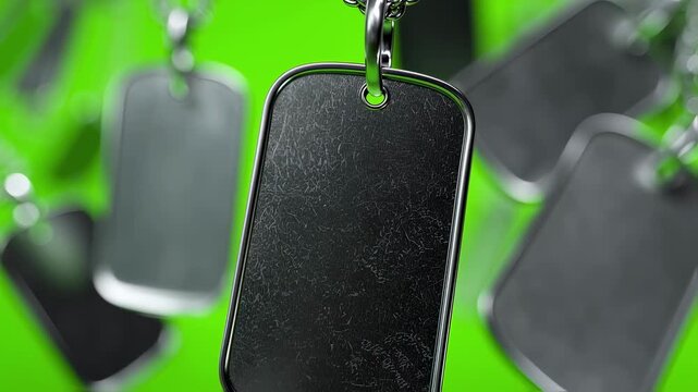 Dynamic slowspin of polished dog tags on a bright green backdrop highlighting engraved details for commemorative or identificationthemed media content.