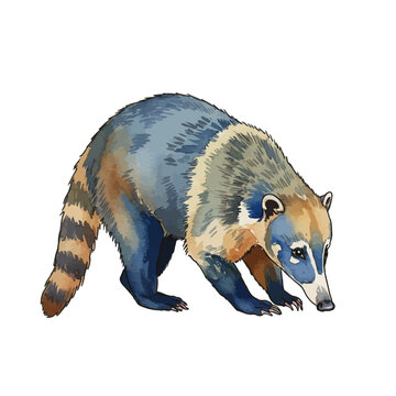 A beautiful watercolor vector drawing of a coati searching for food. This artistic illustration of a wild coatimundi is isolated on a white background