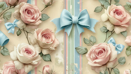 Vintage roses floral pattern with blue bows elegant design romantic background wallpaper for scrapbooking