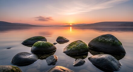 Sunrise Over a Tranquil Lake with Mossy Stones
