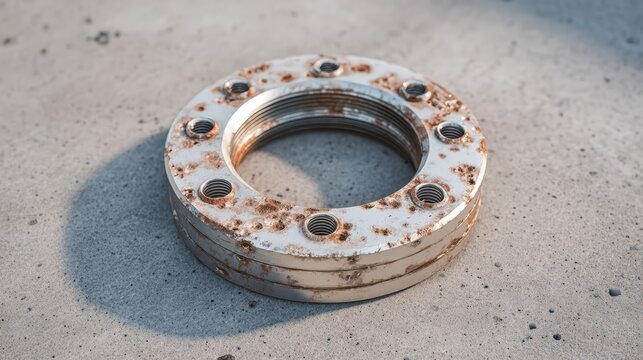 Rusty metal bea disc with bolt holes lying on concrete surface with shadow in natural daylight outdoors