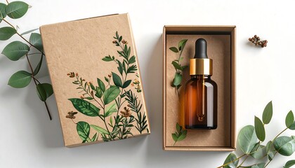 Gift box with botanical illustration and amber serum bottle