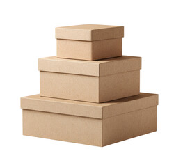 Stacked beige cardboard boxes.  Three nested, square gift boxes of varying sizes,  light brown kraft paper