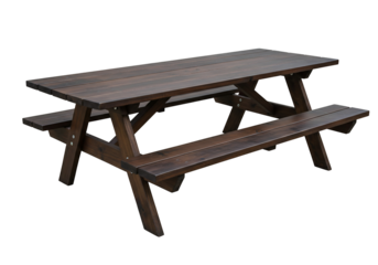 Dark brown wooden picnic table with bench seats on transparent background