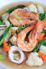 Stir-Fried Rice Noodle with Seafood in Gravy thick sauce, Wide Rice Noodles with Seafood in Gravy Sauce (Rad-Na Taley)