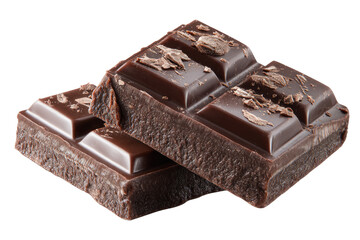 Two dark chocolate bars stacked, close-up.  A rich, glossy dark brown.  Pieces broken, showing the inside.  Sprinkled with chopped chocolate